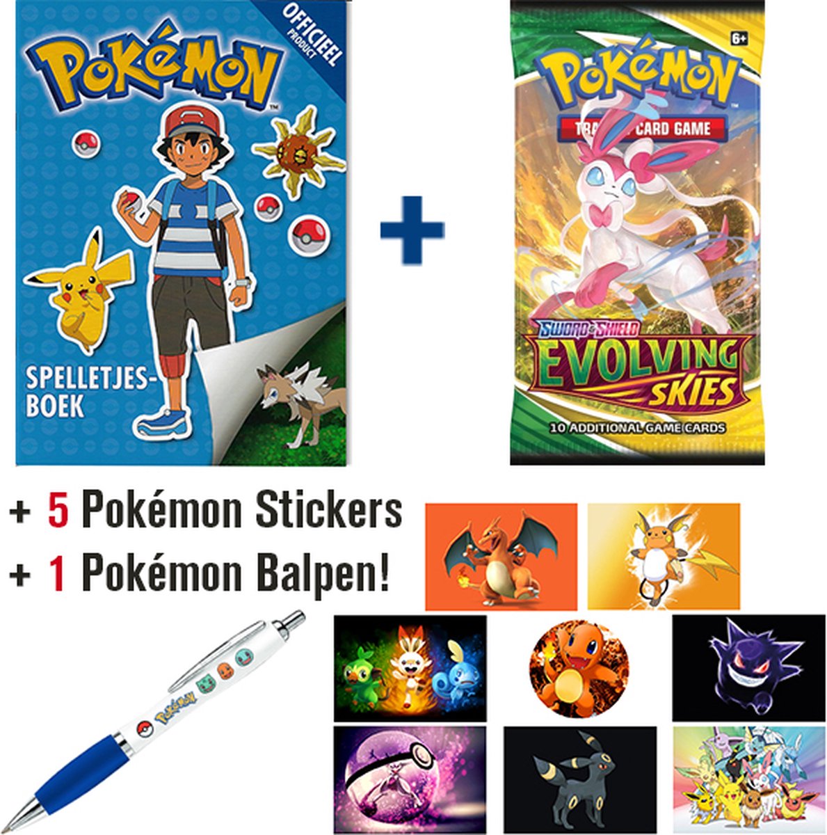 Pokémon Spelletjesboek + Pokémon Boosterpack Sword & Shield Evolving Skies (10 Pokemon Kaarten) + Pokémon Balpen + 5 Pokémon Stickers {Speelgoed voor kinderen jongens meisjes - Pokemon GO Sword & Shield Spelletjes Sticker Boek}